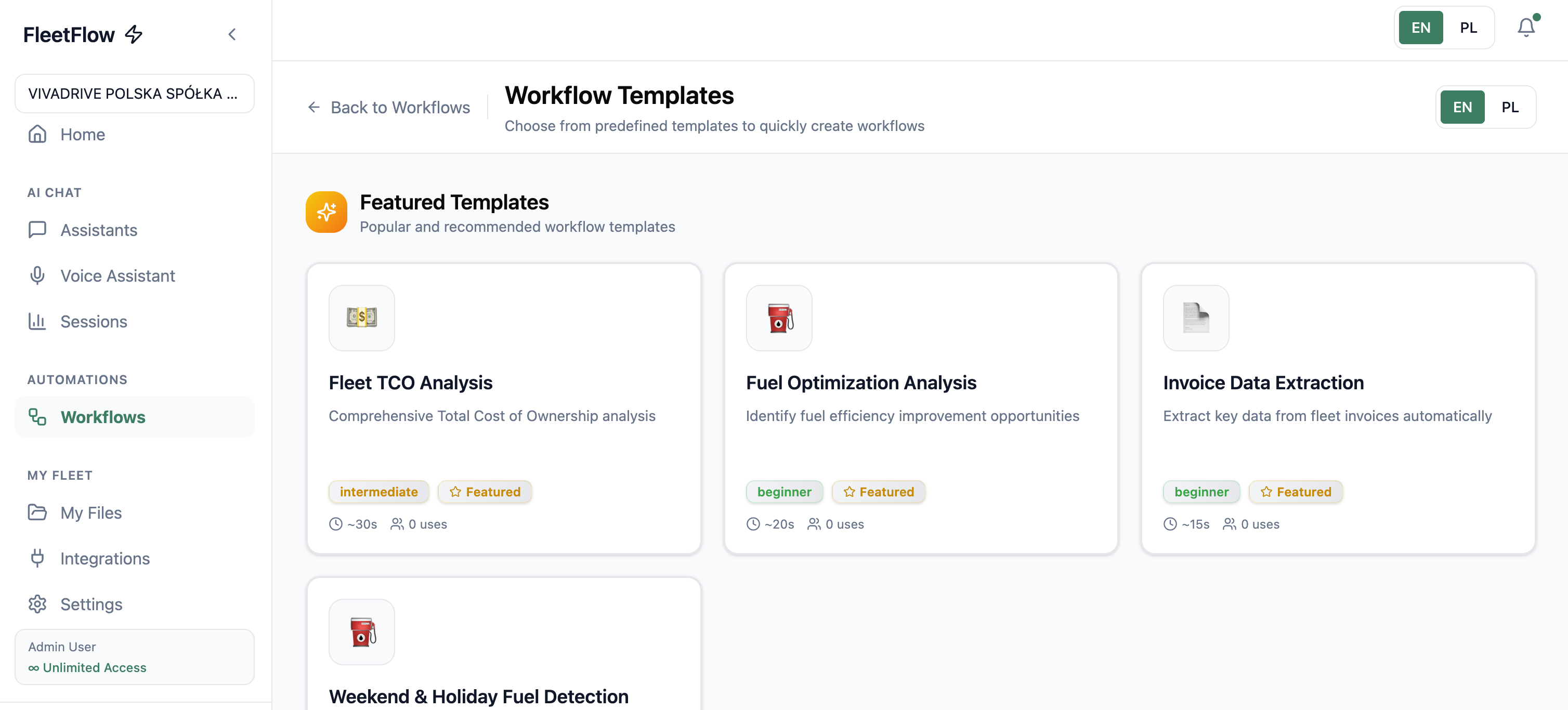 FleetFlow Automatyzacja Zadań - Wizualny kreator przepływów pracy do automatyzacji zadań zarządzania flotą, niestandardowych reguł automatyzacji i optymalizacji procesów